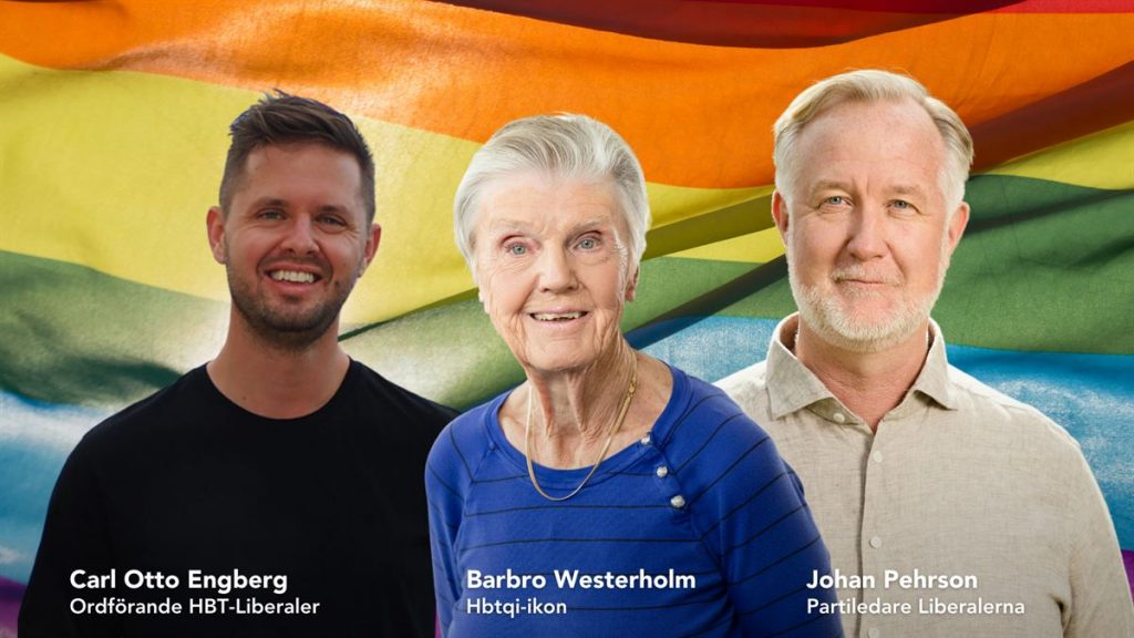Carl Otto Engberg, ordförande HBT-liberaler, Barbro Westerholm, hbtqi-ikon, Johan Pehrson, partiledare Liberalerna